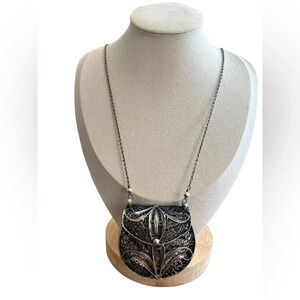 Antique Victorian Silver Filigree Coin Purse Pendant Necklace